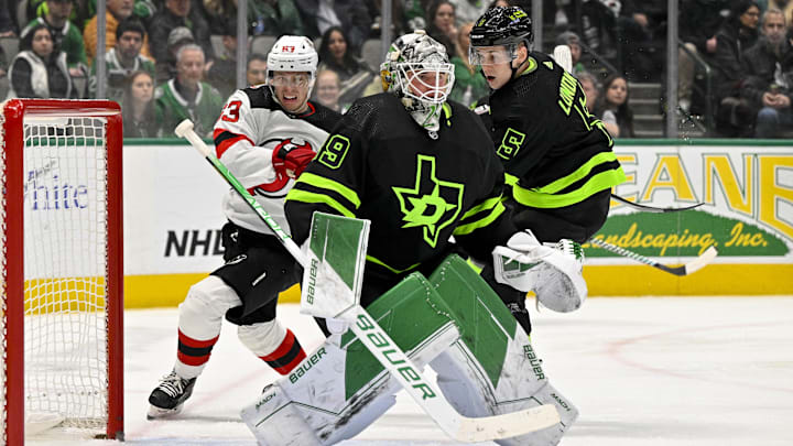 Jan 27, 2023; Dallas, Texas, USA; Dallas Stars defenseman Nils Lundkvist (5) chases New Jersey