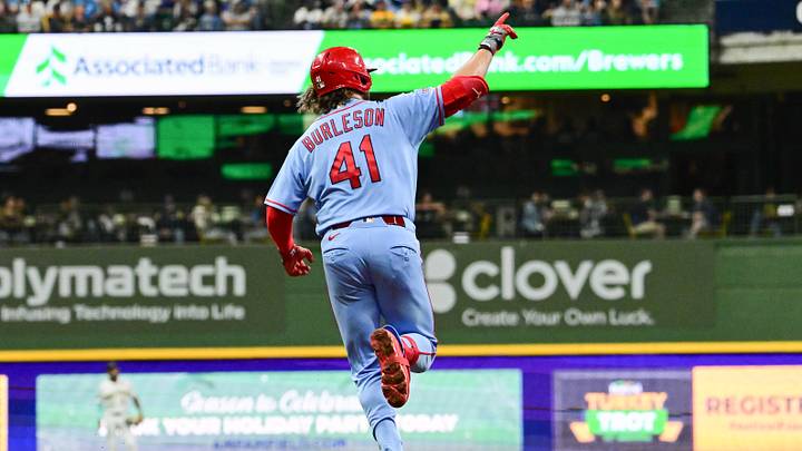 Sep 26, 2026; Milwaukee, Wisconsin, USA; St. Louis Cardinals first baseman Alec Burleson (41) reacts after hitting a solo home run in the third inning against the Milwaukee Brewers at American Family Field. Mandatory Credit: Benny Sieu-Imagn Images Sep 26, 2026; Milwaukee, Wisconsin, USA; St. Louis Cardinals first baseman Alec Burleson (41) reacts after hitting a solo home run in the third inning against the Milwaukee Brewers at American Family Field. Mandatory Credit: Benny Sieu-Imagn Images