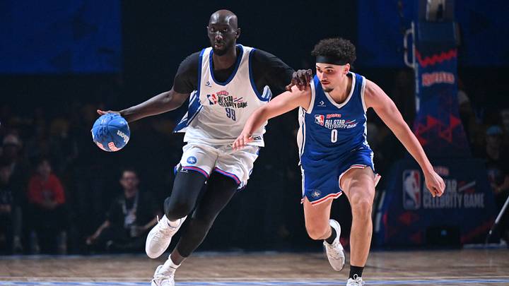 Feb 13, 2026; Los Angeles, CA, USA; Tacko Fall of Team 1 dribbles up the court during the NBA All Star Celebrity Game at Kia Forum. Mandatory Credit: William Liang-Imagn Images Feb 13, 2026; Los Angeles, CA, USA; Tacko Fall of Team 1 dribbles up the court during the NBA All Star Celebrity Game at Kia Forum. Mandatory Credit: William Liang-Imagn Images
