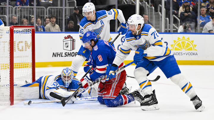 Dec 18, 2025; St. Louis, Missouri, USA; St. Louis Blues goaltender Jordan Binnington (50) defenseman Colton Parayko (55) and defenseman Justin Faulk (72) defends the net against New York Rangers left wing J.T. Miller (8) during the third period at Enterprise Center. Mandatory Credit: Jeff Curry-Imagn Images Dec 18, 2025; St. Louis, Missouri, USA; St. Louis Blues goaltender Jordan Binnington (50) defenseman Colton Parayko (55) and defenseman Justin Faulk (72) defends the net against New York Rangers left wing J.T. Miller (8) during the third period at Enterprise Center. Mandatory Credit: Jeff Curry-Imagn Images
