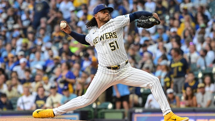 Aug 23, 2025; Milwaukee, Wisconsin, USA; Milwaukee Brewers starting pitcher Freddy Peralta (51) throws a pitch in the first inning against the San Francisco Giants at American Family Field. Mandatory Credit: Benny Sieu-Imagn Images Aug 23, 2025; Milwaukee, Wisconsin, USA; Milwaukee Brewers starting pitcher Freddy Peralta (51) throws a pitch in the first inning against the San Francisco Giants at American Family Field. Mandatory Credit: Benny Sieu-Imagn Images