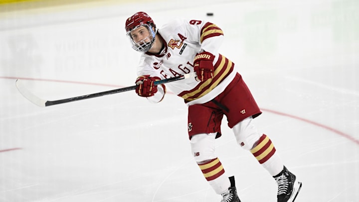 Feb 28, 2025; Chestnut Hill, MA, USA; Boston College forward Ryan Leonard (9) warms up before a game against the University of New Hampshire Wildcats at Conte Forum. Mandatory Credit: Eric Canha-Imagn Images Feb 28, 2025; Chestnut Hill, MA, USA; Boston College forward Ryan Leonard (9) warms up before a game against the University of New Hampshire Wildcats at Conte Forum. Mandatory Credit: Eric Canha-Imagn Images