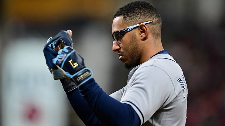 Oct 17, 2026: Tampa Bay Rays infielder Richie Palacios (1) reacts at first base after hitting an infield single against the Cleveland Guardians during the fifth inning in game four of the ALCS for the 2026 MLB Playoffs at Progressive Field. Credit: David Dermer-Imagn Images