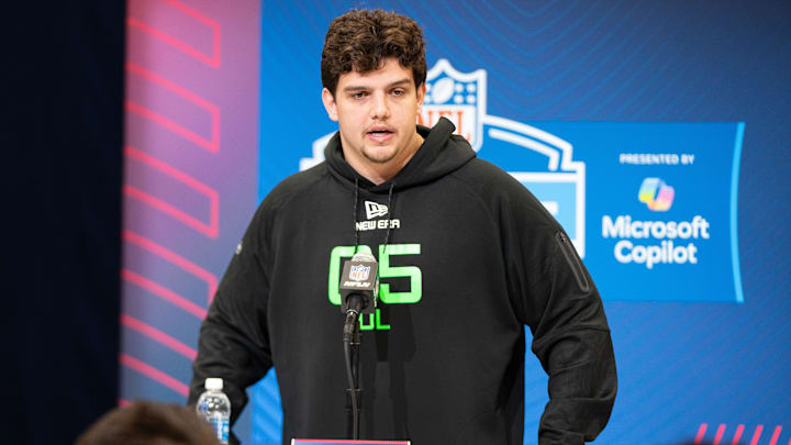 Mar 1, 2025; Indianapolis, IN, USA; Louisiana State University offensive lineman Will Campbell (OL05) answers questions at a press conference during the 2025 NFL Combine at Indiana Convention Center. Mandatory Credit: Jacob Musselman-Imagn Images Mar 1, 2025; Indianapolis, IN, USA; Louisiana State University offensive lineman Will Campbell (OL05) answers questions at a press conference during the 2025 NFL Combine at Indiana Convention Center. Mandatory Credit: Jacob Musselman-Imagn Images