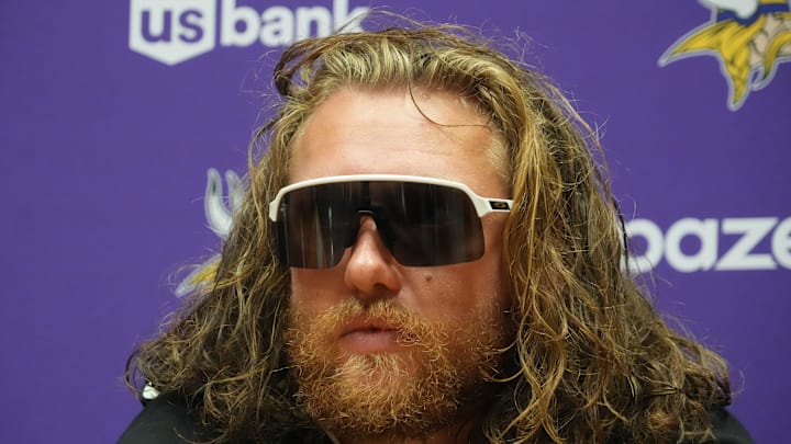 Sep 26, 2025; Dublin, Ireland; Minnesota Vikings tight end TJ. Hockenson at press conference at Sport Ireland Campus. Mandatory Credit: Kirby Lee-Imagn Images