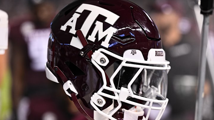 A detailed view of a Texas A&M Aggies helmet on the sideline during the game against the New Mexico Lobos at Kyle Field.