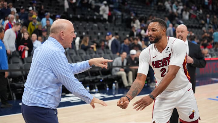 Nov 3, 2025; Inglewood, California, USA; LA Clippers owner Steve Ballmer (left) shakes hands with Miami Heat guard Norman Powell (24) at the end of the game at Intuit Dome. Mandatory Credit: Kirby Lee-Imagn Images