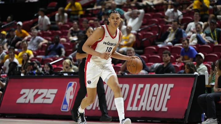 Jul 12, 2024; Las Vegas, NV, USA;  Washington Wizards forward Kyshawn George (18) drives the ball against the Atlanta Hawks during the second half at Thomas & Mack Center. Mandatory Credit: Lucas Peltier-Imagn Images