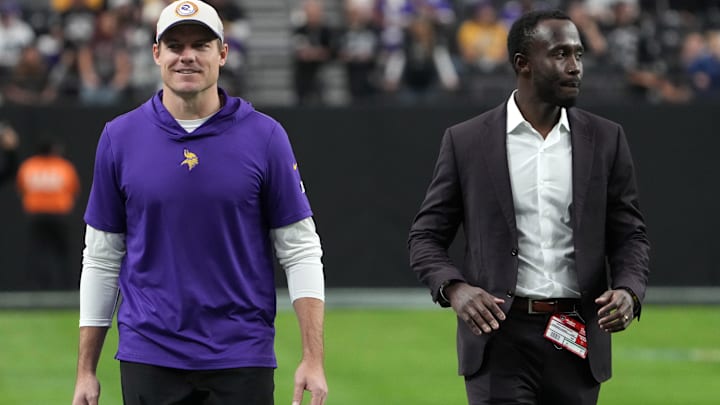 Dec 10, 2023; Paradise, Nevada, USA; Minnesota Vikings coach Kevin O'Connell (left) and general