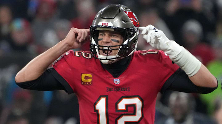 Nov 13, 2022; Munich, Germany; Tampa Bay Buccaneers quarterback Tom Brady (12) gestures in the