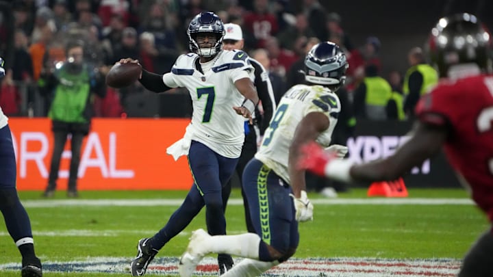 Nov 13, 2022; Munich, Germany; Seattle Seahawks quarterback Geno Smith (7) throws the ball in the
