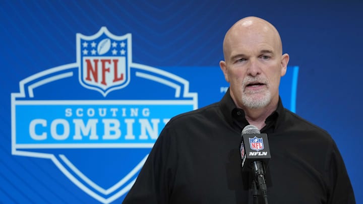 Feb 27, 2025; Indianapolis, IN, USA; Washington Commanders coach Dan Quinn speaks during the 2025 NFL Scouting Combine at the Indiana Convention Center. Mandatory Credit: Kirby Lee-Imagn Images