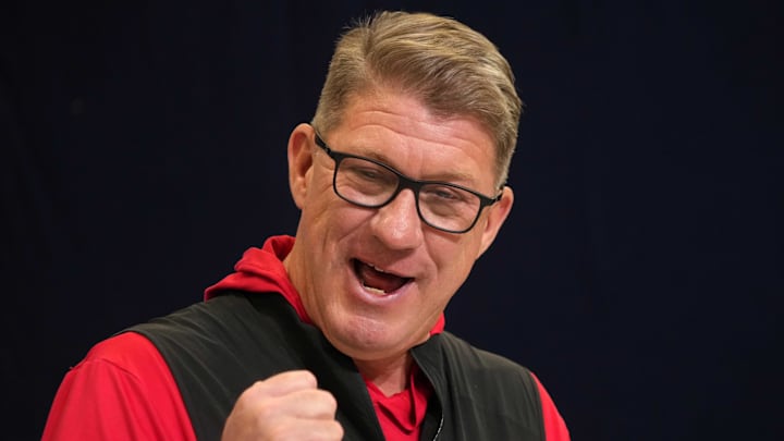 Feb 25, 2025; Indianapolis, IN, USA; Tampa Bay Buccaneers general manager Jason Licht speaks during the NFL Scouting Combine at the Indiana Convention Center. Mandatory Credit: Kirby Lee-Imagn Images