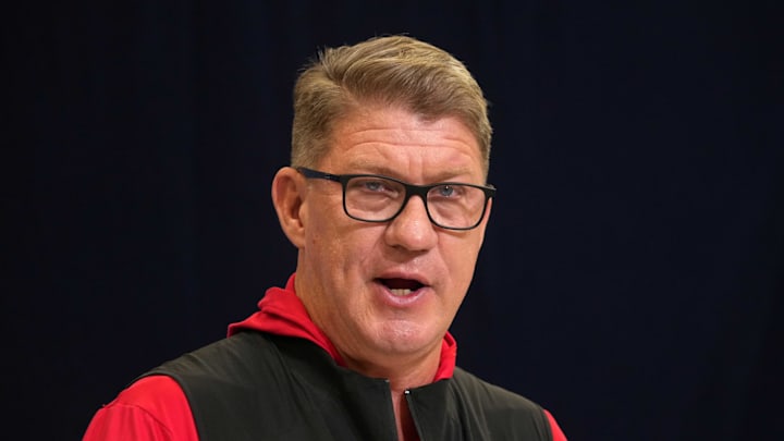 Tampa Bay Buccaneers general manager Jason Licht speaks during the NFL Scouting Combine at the Indiana Convention Center. 
