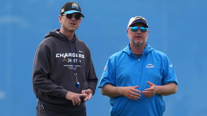 Los Angeles Chargers coach Jim Harbaugh and general manager Joe Hortiz. Los Angeles Chargers coach Jim Harbaugh and general manager Joe Hortiz.