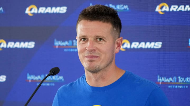 Jun 3, 2025; Woodland Hills, CA, USA; Los Angeles Rams offensive coordinator Mike LaFleur at press conference during organized team activities at Rams Practice Facility. Mandatory Credit: Kirby Lee-Imagn Images Jun 3, 2025; Woodland Hills, CA, USA; Los Angeles Rams offensive coordinator Mike LaFleur at press conference during organized team activities at Rams Practice Facility. Mandatory Credit: Kirby Lee-Imagn Images