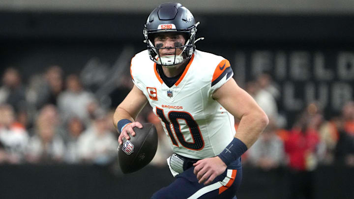 Nov 24, 2024; Paradise, Nevada, USA; Denver Broncos quarterback Bo Nix (10) throws the ball against the Las Vegas Raiders in the first quarter at Allegiant Stadium. 