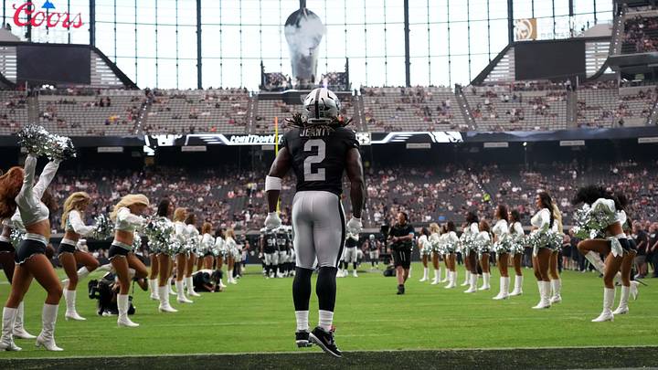Aug 13, 2026; Paradise, Nevada, USA; Las Vegas Raiders running back Ashton Jeanty (2) enters the field before the game against the Arizona Cardinals at Allegiant Stadium. Mandatory Credit: Kirby Lee-Imagn Images