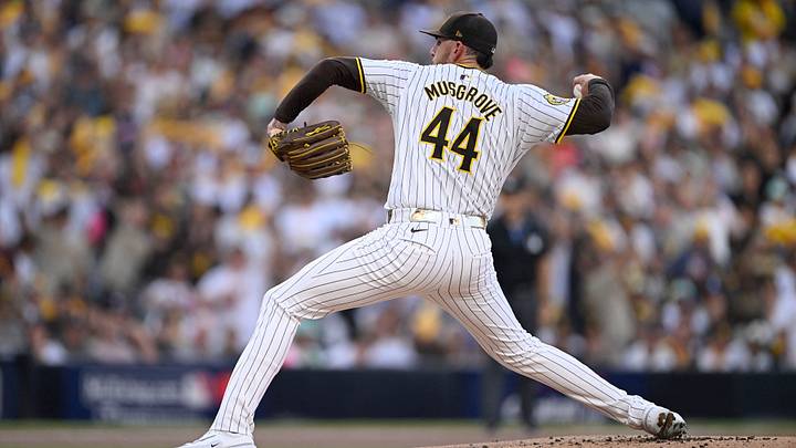 Oct 2, 2024; San Diego, California, USA; San Diego Padres pitcher Joe Musgrove (44) throws during the first inning of game two in the Wildcard round for the 2024 MLB Playoffs against the Atlanta Braves at Petco Park. Mandatory Credit: Denis Poroy-Imagn Images Oct 2, 2024; San Diego, California, USA; San Diego Padres pitcher Joe Musgrove (44) throws during the first inning of game two in the Wildcard round for the 2024 MLB Playoffs against the Atlanta Braves at Petco Park. Mandatory Credit: Denis Poroy-Imagn Images