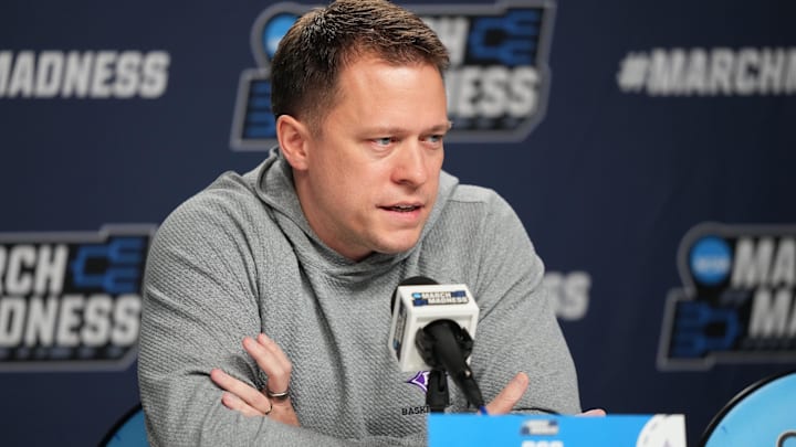 Mar 19, 2026; Philadelphia, PA, USA; Furman Paladins head coach Bob Richey conducts a press conference during a practice session ahead of the first round of the men's 2026 NCAA Tournament at Xfinity Mobile Arena. Mandatory Credit: Kyle Ross-Imagn Images Mar 19, 2026; Philadelphia, PA, USA; Furman Paladins head coach Bob Richey conducts a press conference during a practice session ahead of the first round of the men's 2026 NCAA Tournament at Xfinity Mobile Arena. Mandatory Credit: Kyle Ross-Imagn Images