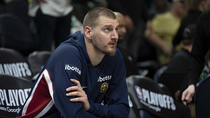 Apr 30, 2026; Minneapolis, Minnesota, USA; Denver Nuggets center Nikola Jokic (15) seats on the bench before the second half begins against the Minnesota Timberwolves during game six of the first round of the 2026 NBA Playoffs at Target Center. Mandatory Credit: Jesse Johnson-Imagn Images Apr 30, 2026; Minneapolis, Minnesota, USA; Denver Nuggets center Nikola Jokic (15) seats on the bench before the second half begins against the Minnesota Timberwolves during game six of the first round of the 2026 NBA Playoffs at Target Center. Mandatory Credit: Jesse Johnson-Imagn Images