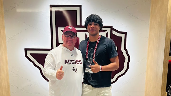 Top Edge Recruit Mekai Brown with Texas A&M Aggies head coach Mike Elko