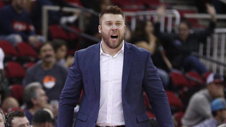 Feb 17, 2018; Fresno, CA, USA; Colorado State assistant coach Jase Herl directs his team during action against the Fresno State Bulldogs in the second half at the Save Mart Center. 