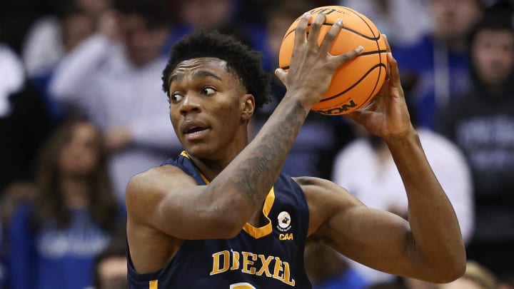 Dec 14, 2022; Newark, New Jersey, USA; Drexel Dragons forward Amari Williams (22) rebounds the ball. Dec 14, 2022; Newark, New Jersey, USA; Drexel Dragons forward Amari Williams (22) rebounds the ball.