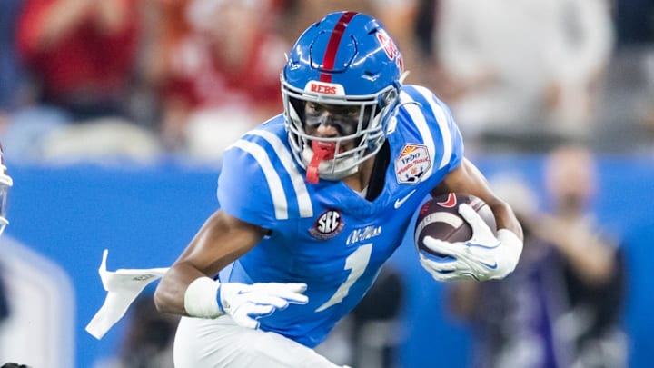 Jan 8, 2026; Glendale, AZ, USA; Mississippi Rebels wide receiver De'Zhaun Stribling (1) against the Miami Hurricanes during the 2026 Fiesta Bowl and semifinal game of the College Football Playoff at State Farm Stadium. Mandatory Credit: Mark J. Rebilas-Imagn Images
