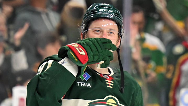 Apr 30, 2026; Saint Paul, Minnesota, USA; Minnesota Wild forward Vladimir Tarasenko (91) blows a kiss to his family after defeating the Dallas Stars in game six of the first round of the 2026 Stanley Cup Playoffs at Grand Casino Arena. Mandatory Credit: Nick Wosika-Imagn Images