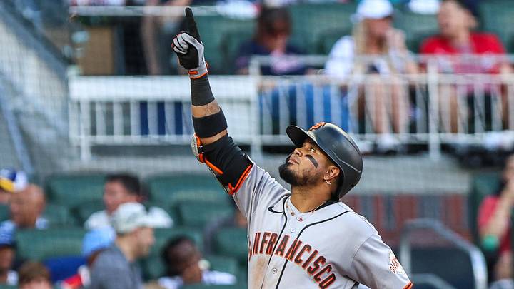 San Francisco Giants second baseman Luis Arraez (1) celebrates a home run against the Atlanta Braves during the second inning at Truist Park. San Francisco Giants second baseman Luis Arraez (1) celebrates a home run against the Atlanta Braves during the second inning at Truist Park.
