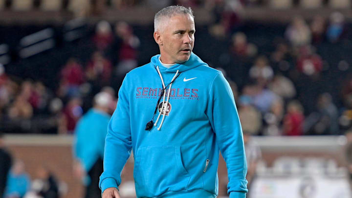Nov 1, 2025; Tallahassee, Florida, USA; Florida State Seminoles head coach Mike Norvell walks on the field before the game against the Wake Forest Demon Deacons at Doak S. Campbell Stadium. Mandatory Credit: Melina Myers-Imagn Images