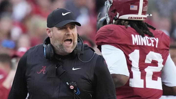 Nov 22, 2025; Tuscaloosa, Alabama, USA;  Alabama defensive coordinator Kane Wommack  yells to his defense after they force a punt by Eastern Illinois at Saban Field at Bryant-Denny Stadium. Mandatory Credit: Gary Cosby Jr.-Imagn Images