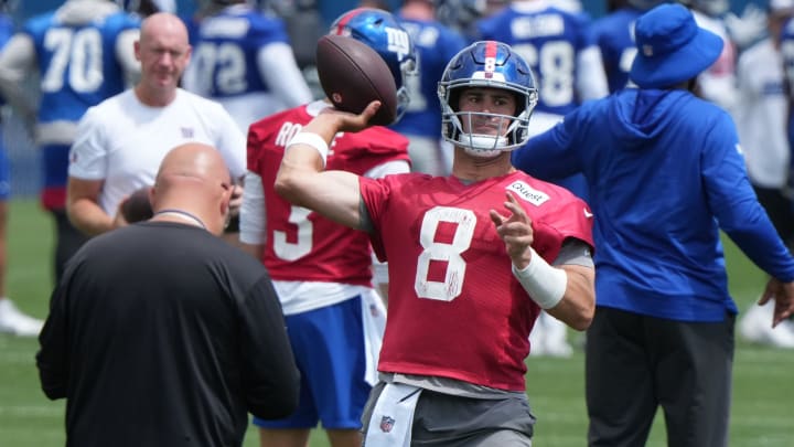 East Rutherford, NJ -- June 11, 2024 -- Daniel Jones and head coach Brian Daboll at the NY Giants Mandatory Minicamp at their practice facility in East Rutherford, NJ. East Rutherford, NJ -- June 11, 2024 -- Daniel Jones and head coach Brian Daboll at the NY Giants Mandatory Minicamp at their practice facility in East Rutherford, NJ.