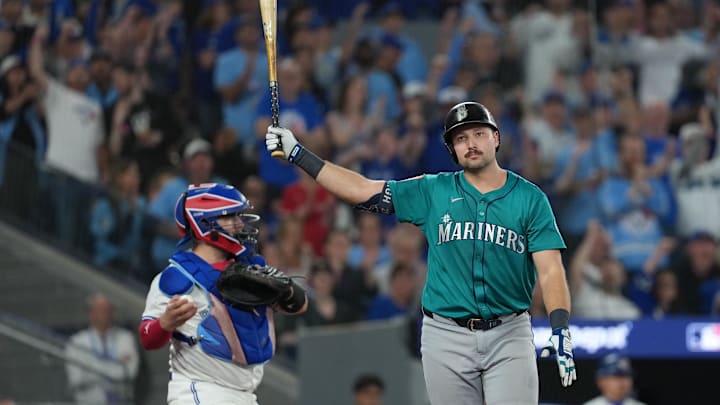 Oct 19, 2025; Toronto, Ontario, CAN; Seattle Mariners catcher Cal Raleigh (29) reacts after striking out in the sixth inning against the Toronto Blue Jays during game six of the ALCS round for the 2025 MLB playoffs at Rogers Centre. Mandatory Credit: Nick Turchiaro-Imagn Images