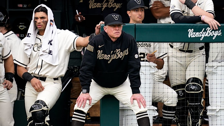 Vanderbilt head coach Tim Corbin watches his team face Florida Atlantic during the third inning at Hawkins Field in Nashville, Tenn., Friday, Feb. 16, 2024.