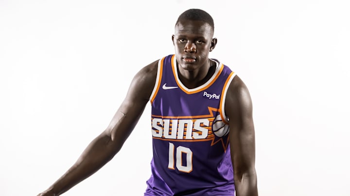 Sep 24, 2025; Phoenix, AZ, USA; Phoenix Suns center Khaman Maluach (10) poses for portrait during Media Day at PHX Arena. Mandatory Credit: Mark J. Rebilas-Imagn Images