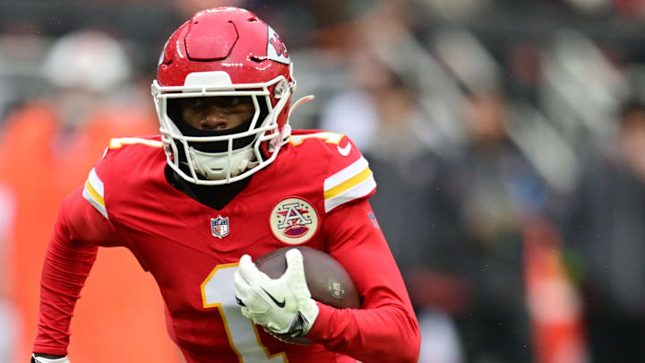 Dec 15, 2024; Cleveland, Ohio, USA; Kansas City Chiefs wide receiver Xavier Worthy (1) runs with the ball during the first half against the Cleveland Browns at Huntington Bank Field. Mandatory Credit: Ken Blaze-Imagn Images