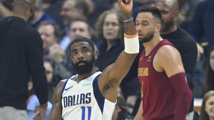 Feb 27, 2024; Cleveland, Ohio, USA; Dallas Mavericks guard Kyrie Irving (11) reacts to fans in the first quarter against the Cleveland Cavaliers at Rocket Mortgage FieldHouse. Mandatory Credit: David Richard-Imagn Images Feb 27, 2024; Cleveland, Ohio, USA; Dallas Mavericks guard Kyrie Irving (11) reacts to fans in the first quarter against the Cleveland Cavaliers at Rocket Mortgage FieldHouse. Mandatory Credit: David Richard-Imagn Images