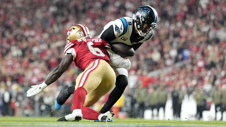 Nov 24, 2025; Santa Clara, California, USA; Carolina Panthers quarterback Bryce Young (9) rushes the ball against the San Francisco 49ers during the first half at Levi's Stadium. Mandatory Credit: Kyle Terada-Imagn Images