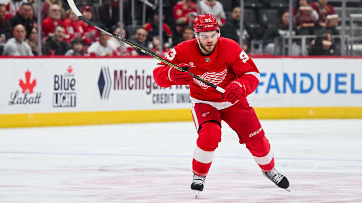 Apr 6, 2025; Detroit, Michigan, USA; Detroit Red Wings right wing Alex DeBrincat (93) during the game against the Florida Panthers at Little Caesars Arena. Mandatory Credit: Tim Fuller-Imagn Images