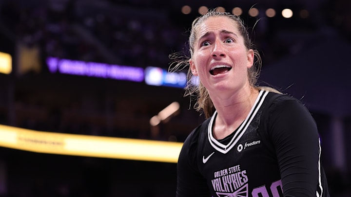 Sep 2, 2025; San Francisco, California, USA; Golden State Valkyries guard Kate Martin (20) reacts after a call during the third quarter against the New York Liberty at Chase Center. Mandatory Credit: Kelley L Cox-Imagn Images