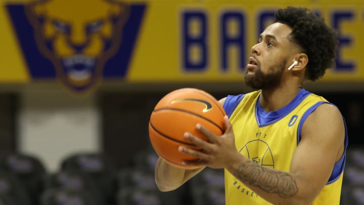 Feb 25, 2023; Pittsburgh, Pennsylvania, USA; Pittsburgh Panthers guard Nelly Cummings (0) warms up before the game against the Syracuse Orange at the Petersen Events Center. Mandatory Credit: Charles LeClaire-USA TODAY Sports