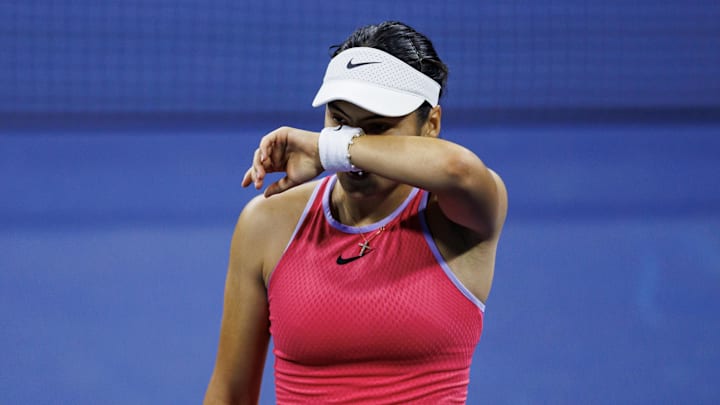 Aug 27, 2024; Flushing, NY, USA; Emma Raducanu of Great Britain in action against Sofia Kenin of the United States in the first round of the womenís singles in the US Open at the USTA Billie Jean King Tennis Center. Mandatory Credit: Mike Frey-Imagn Images