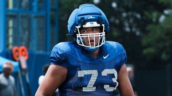 Kentucky OL Shiyazh Pete waits for a rep during practice at the Joe Craft practice field in Lexington