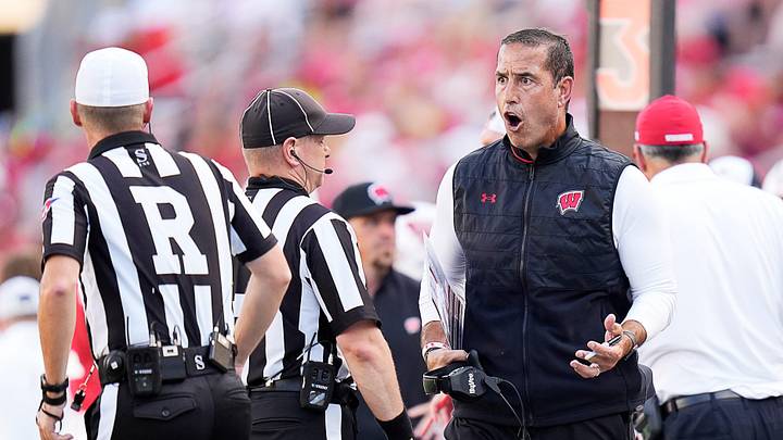 Wisconsin Head Coach Luke Fickell reacts to linebacker Kaden Johnson (52) foul during the fourth quarter of the game against Buffalo on Saturday September 2, 2023 at Camp Randall Stadium in Madison, Wis.