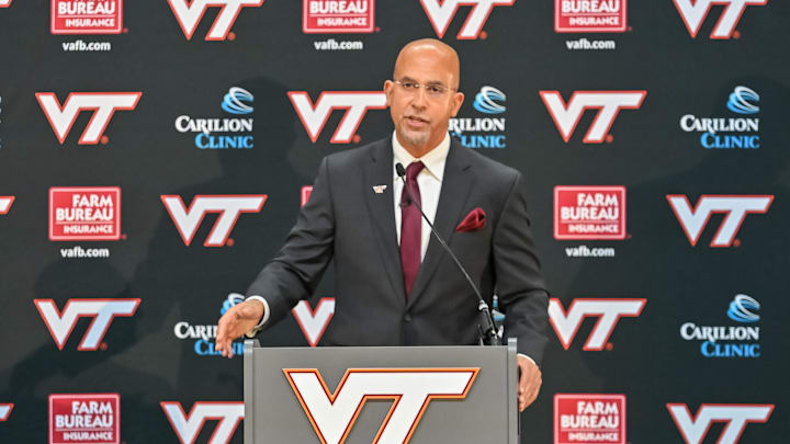 Nov 19, 2025; Blacksburg, VA, USA;  Virgiia Tech head coach James Franklin speaks at the conference at Cassell Coliseum. Mandatory Credit: Brian Bishop-Imagn Images