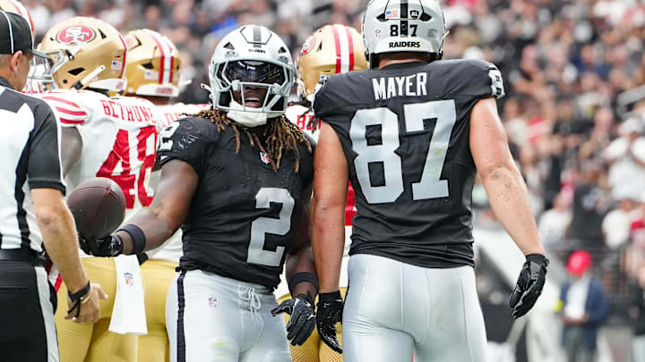 Aug 16, 2025; Paradise, Nevada, USA; Las Vegas Raiders running back Ashton Jeanty (2) celebrates after scoring a touchdown against the San Francisco 49ers during the second quarter at Allegiant Stadium. Mandatory Credit: Stephen R. Sylvanie-Imagn Images