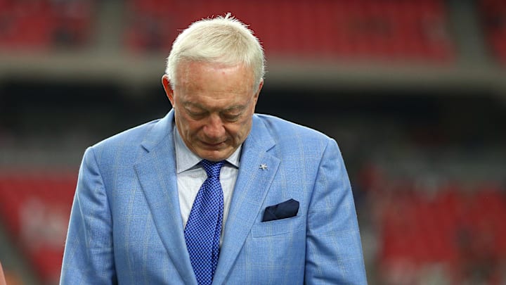 Sep 25, 2017; Glendale, AZ, USA; Dallas Cowboys owner Jerry Jones reacts prior to the game against the Arizona Cardinals at University of Phoenix Stadium. Mandatory Credit: Mark J. Rebilas-Imagn Images