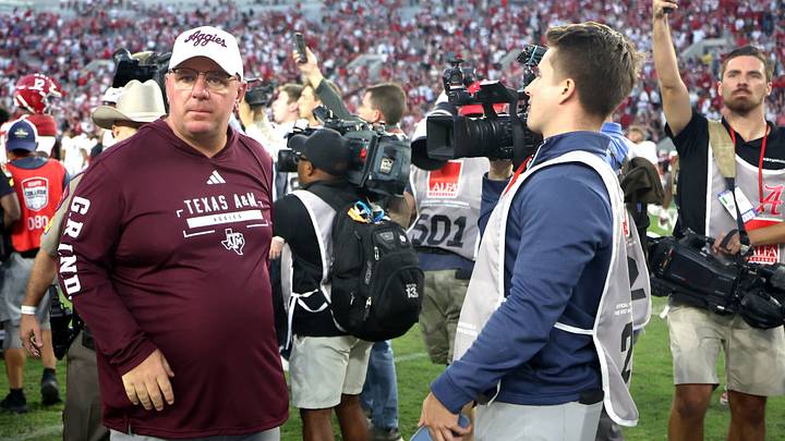 Oct 24, 2026; Tuscaloosa, Alabama, USA;  Texas A&M Aggies head coach Mike Elko walks off the field after the game against the Alabama Crimson Tide at Saban Field at Bryant-Denny Stadium.  Mandatory Credit: David Leong-Imagn Images